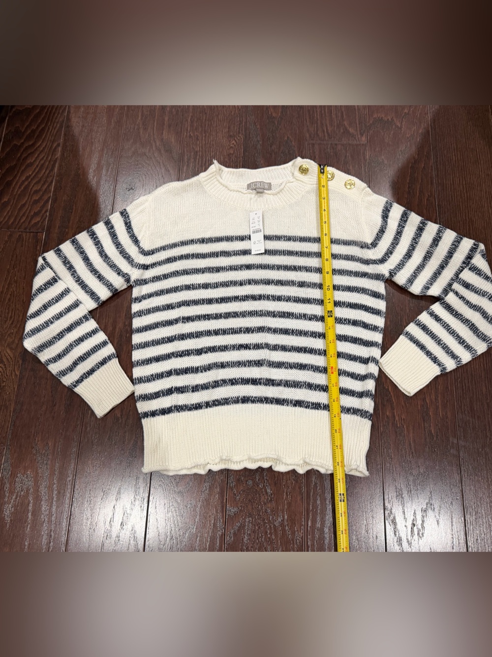 J.Crew Women Stripe Sweater Small Linen Blend Navy WhiteGold Button Nautical NEW - Picture 4 of 10